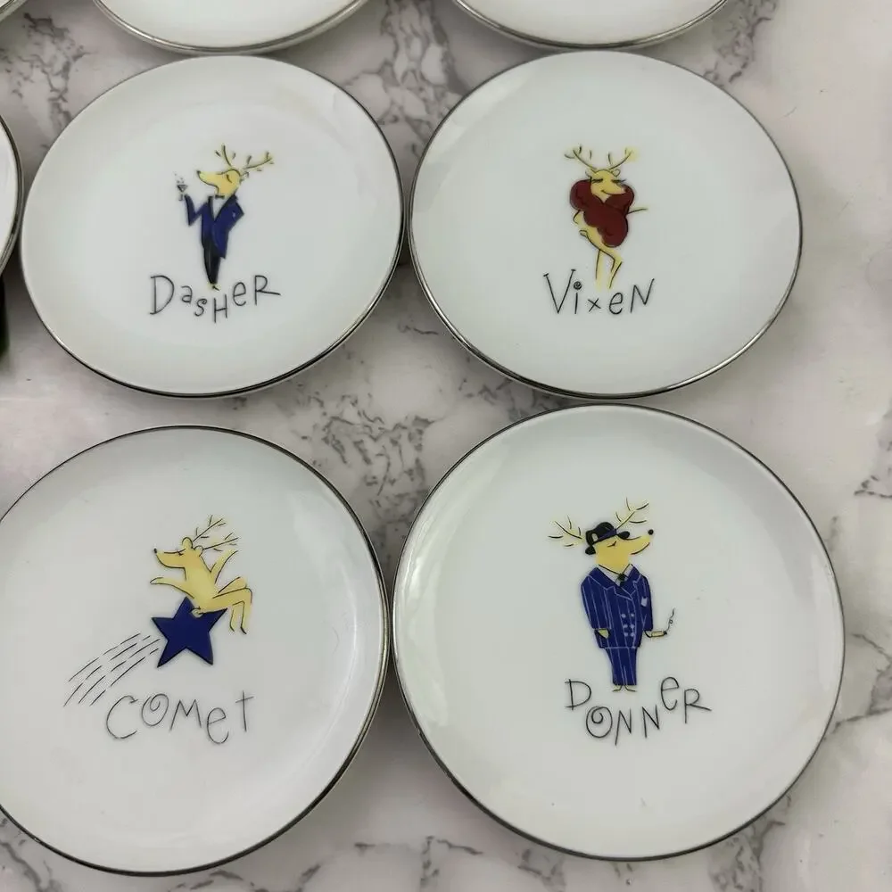 Pottery Barn Santa Reindeer Coasters Mini Appetizer Plates Set 8 Christmas 4in